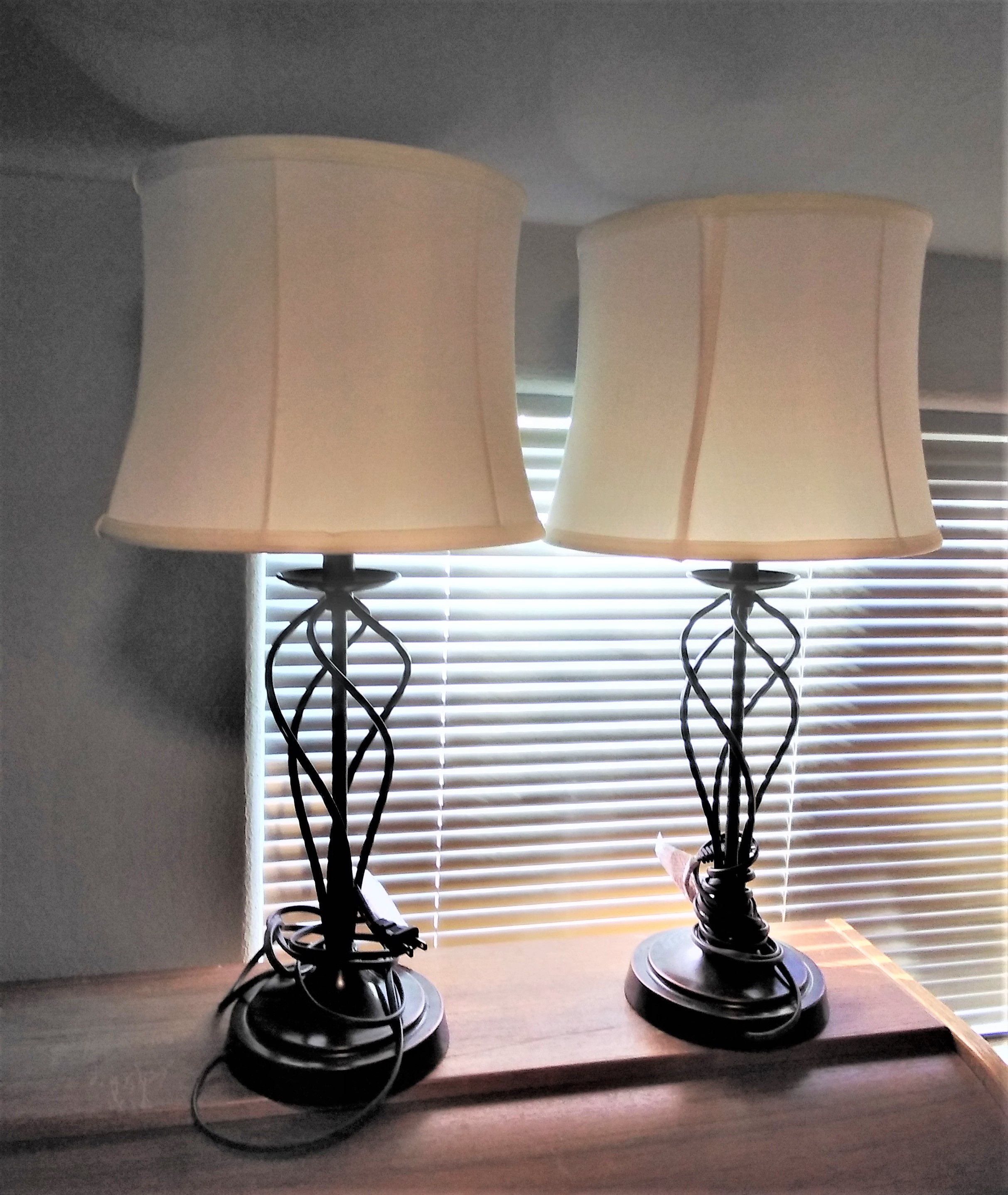 Pair of Wrought Iron Swirl Table Lamps w Shades used for Home Staging