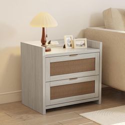 Rattan Nightstand with 2 Storage Drawers, Boho End Table with Charging Station, Modern Night Stand with Gold-Finished Handles, Dresser for Bedroom, St