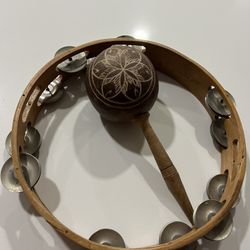 Vintage Tambourine 9 Inches Circular And A Maraca Percussion Vintage From Cuba  Set 