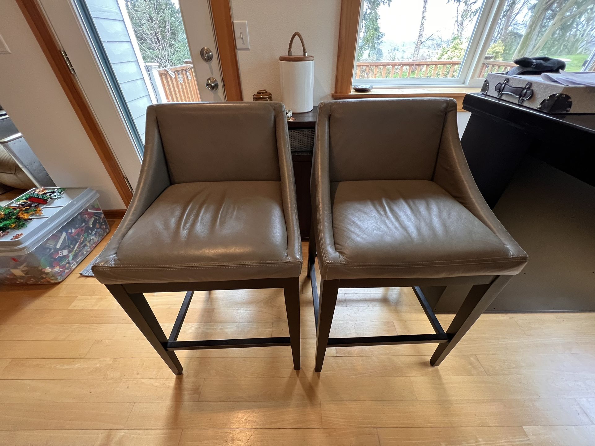 West Elm Leather Counter Stools - Elephant Gray