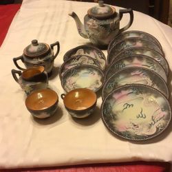 Tea Set Japanese Moriage Dragonware Hand Painted 18 Pc Antique Japan Vintage VTG