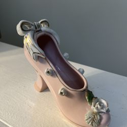Vintage Porcelain Shoe Pink White Flowers Bow Gold Trim