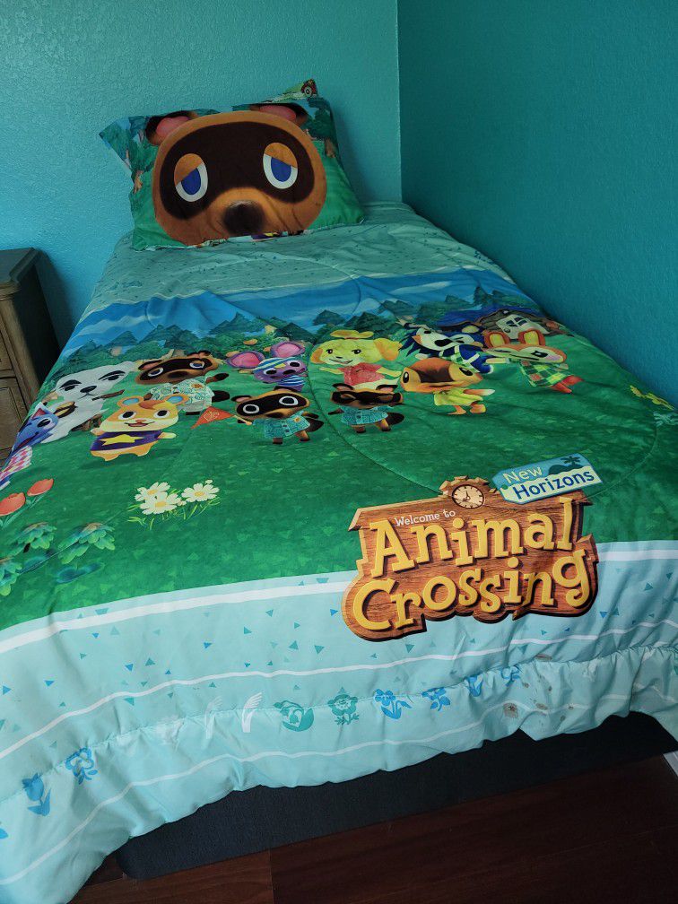 New Twin Bed, Animal Crossing Bed Sheets, Lamp, And Table