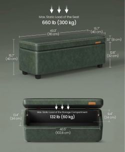 VASAGLE 43" Leather Storage Ottoman Bench Mid-Century w/ Stitching - Green
