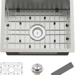 Kitchen And Bar Sink, 20x16 Inch Stainless Steel Undermount Modern Single Bowl Small Kitchen And Bar Sink Combo-SS Grid,Silicon Mat,Drain Strainer Set