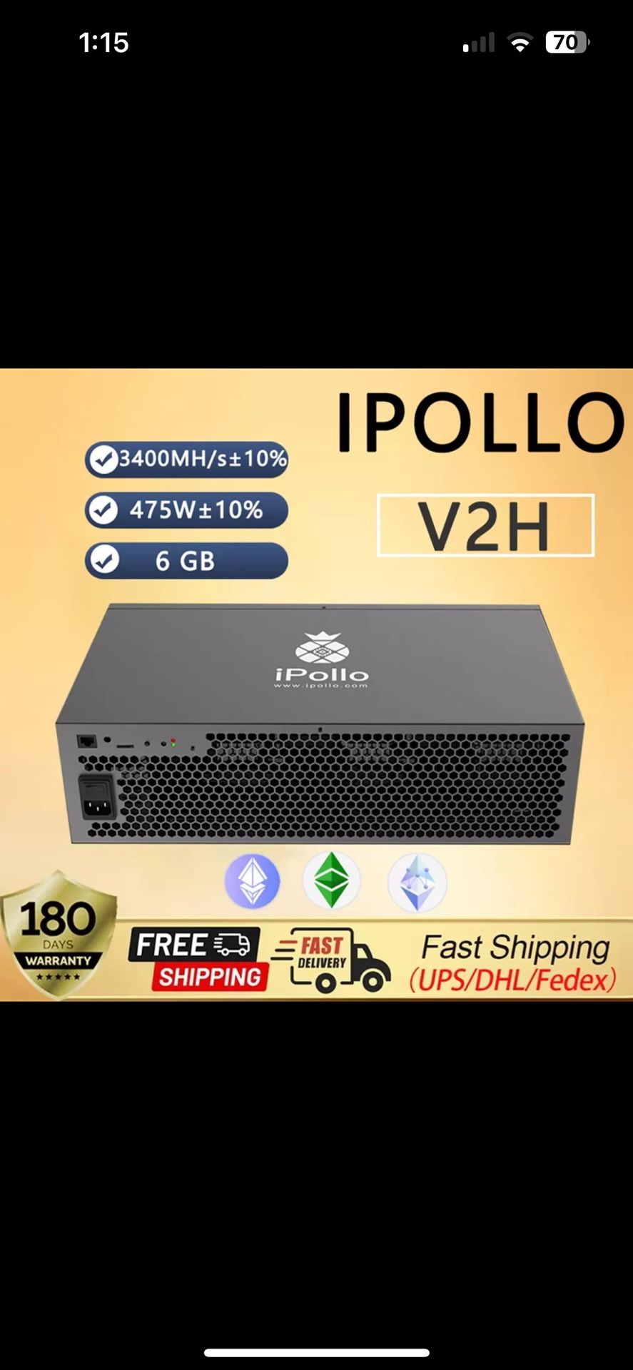 iPollo V2H 3400MH/s 475W Miner ETC ETHF ASIC Miner built-in power supply USA