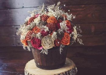 Southern Blooms Co "Feels Like Fall Barrel Planter" Wood Flower Basket, NEW.