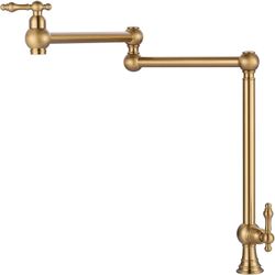 Pot Filler Faucet Deck Mount Stove Faucet, Solid Brass Pot Filler Brushed Gold Kitchen Folding Faucet with Stretchable Double Joint Swing Arm