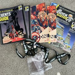 2018 San Diego Comic-Con International Events Guide (2), Souvenir Book (2), Quick Guide (2), Lanyards (2), Joker & Superman Pins 