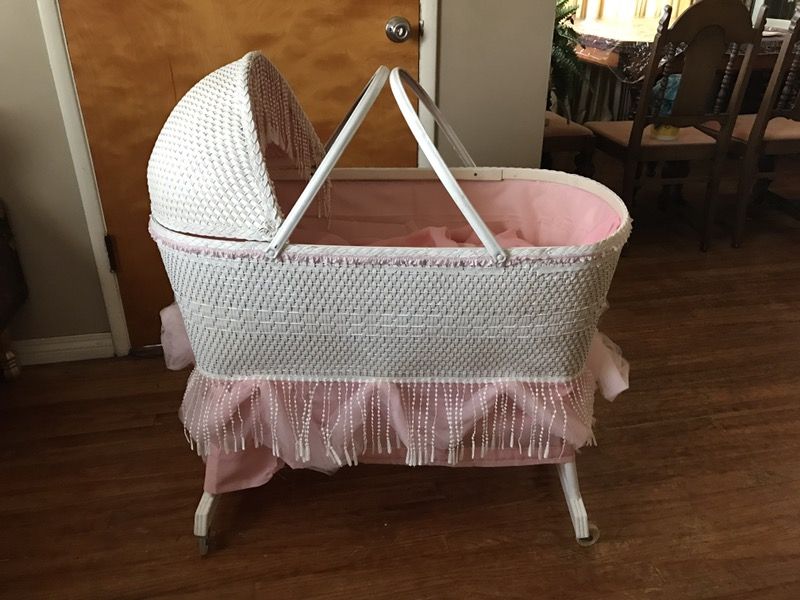 Vintage White and Pink Wicker Bassinet for Baby Shower Decorations