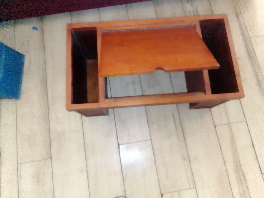 Vintage Rattan and Solid Wood Bed Tray w Magazine An Storage Lift Top