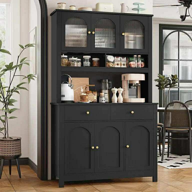 72" Kitchen Pantry Hutch Cabinet with 2 Drawers, Microwave Storage Cabinet with Glass Doors and Adjustable Shelves, Black