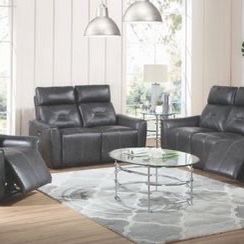 Brand New 2 Piece Charcoal Leather Power Reclining Sofa and Love Seat Set
