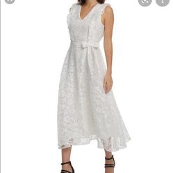 Organza floral pattern fabrics,A-line silhouette, white sleeveless midi dress