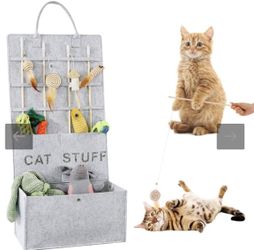 Cat Toy Storage Basket & Wand Holder, Durable Pet Organizer & Storage Bin, Grey
