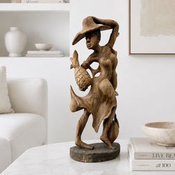 Vintage 29” Signed by Artist Monkey Pod Wood Sculpture Caribbean Folk Art