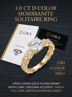 NEW 1ct Moissanite Diamond Solitaire Engagement Ring w/ CZ Accent Band – Gold Plated Size 6 (GRA Certified)