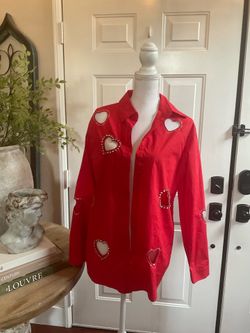 Red heart button up shirt with heart-shaped cutouts and rhinestone details, size L