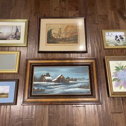 Set Of 7 Vintage Frames With Art For Gallery Wall