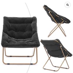 Magshion Set of 2 Saucer Chair Soft Faux Fur Folding Accent Chair, Square Lounge Lazy Chair Moon Chair with Metal Frame for Bedroom Living Room, Black