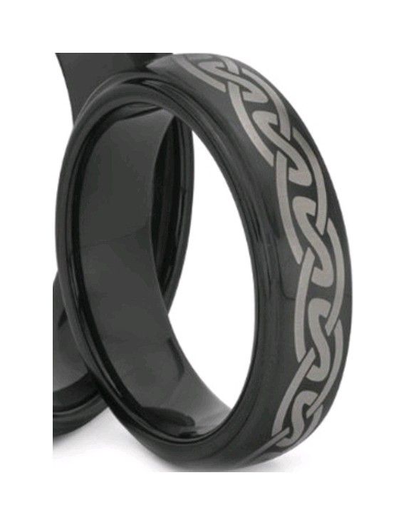 Size 8 Black Etched Celtic Knot Tungsten Carbide Beveled Comfort Fit Wedding Ring