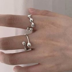 Set 2 925 Sterling Silver Women's Cuff Ring Band Adjustable Size Gift Rings 