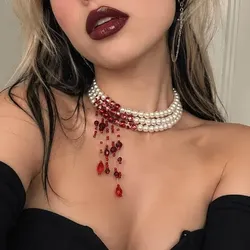 Pearl and Red Beaded Tassel Choker Necklace