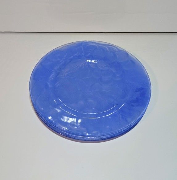KIG Frosted Embossed Grape Glass Plates Set of 3 Vintage Satin Blue Glassware