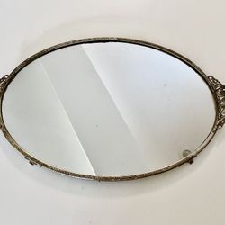 Vintage Ornate French Mirrored Display Tray With Basket Roses Florals Handles