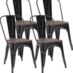 Metal Dining Chairs w/Wooden Seat, Classic Chic Bar Chairs, Trattoria Bistro Cafe Shop Stackable Side Chairs, Set of 4 Stools