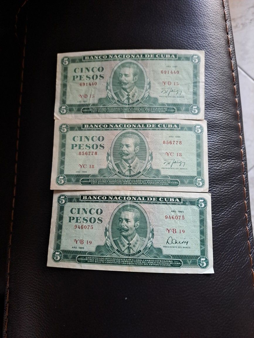 1985,1986, 1987, Cuba $5 Circulado, Buena condicion.
