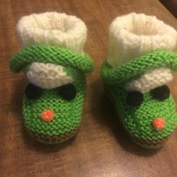 Handmade Knitted Baby Booties in Green and White With Cars