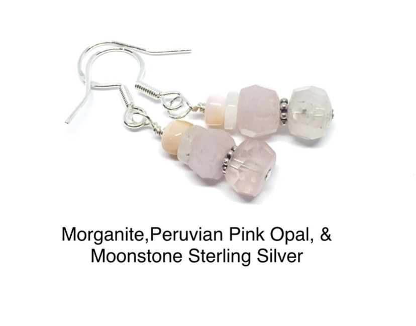 Morganite, Moonstone, & Peruvian Pink Opal Genuine Stone .925 Sterling Silver Earrings 