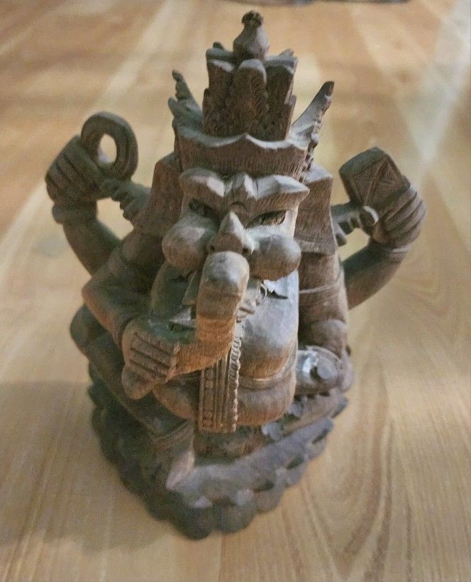 Ganesha Wooden Carved Statue Hindu Ganesh Elephant Figurine Sculpture Good Luck