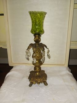 Gorgeous tall brass with avocado green glass votive holder