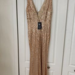 Miss Ord Rose Gold Sequin V-Neck Slit Maxi Dress