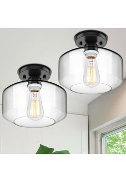 New in box set of 2 light fixtures clear glass black chandelier ceiling light