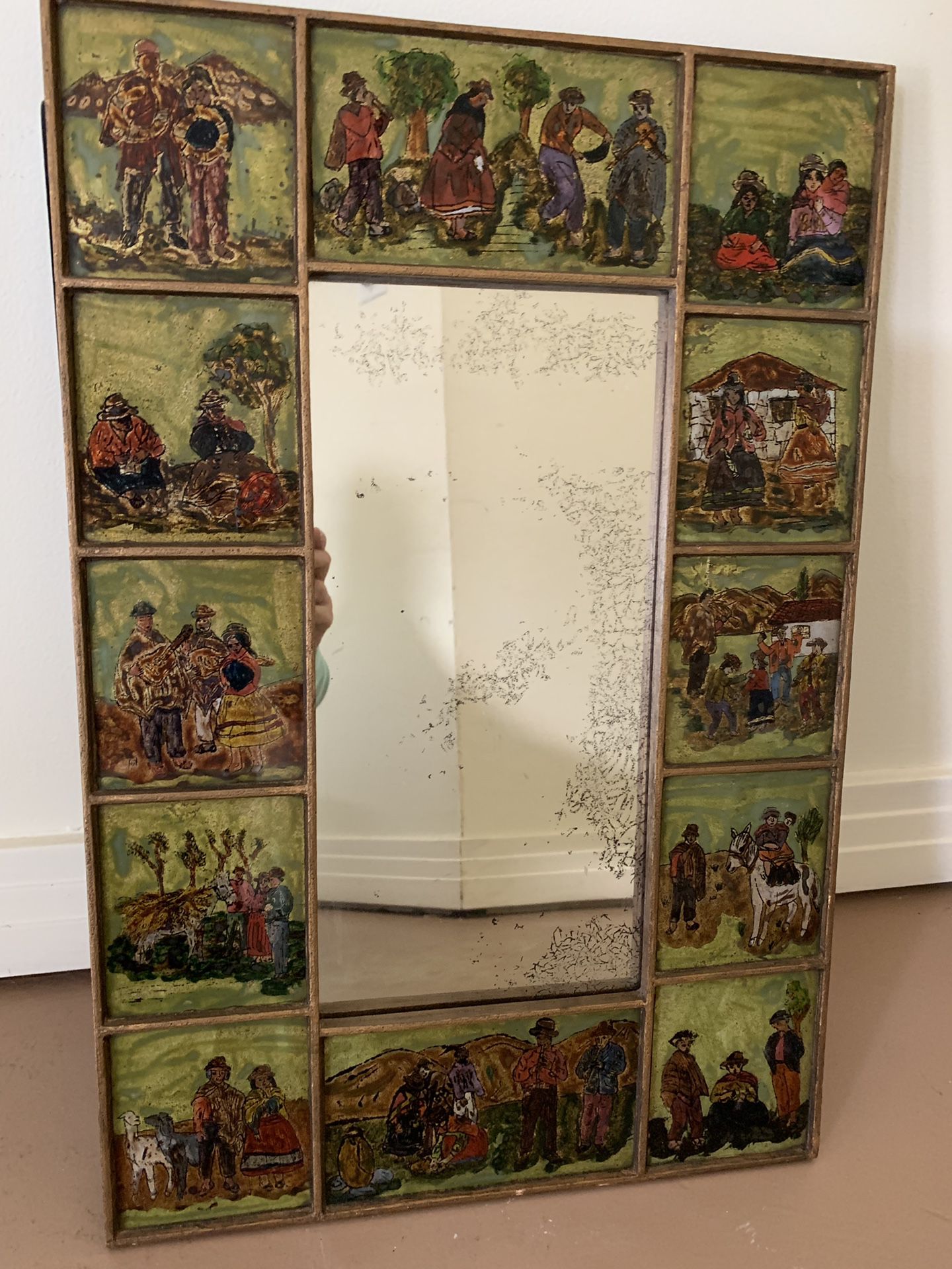 Gorgeous wood hand painted 12 individual different scenes antique mirror