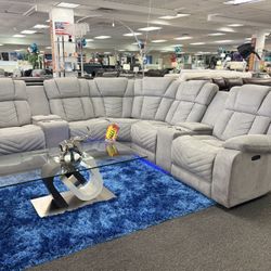 Light Gray PWR  Recliner Microfiber Sectional Couch W/built-in LED Lights For Sale (new Furniture)