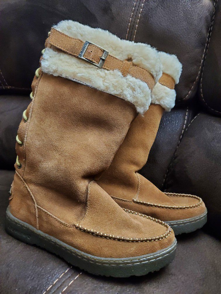 BEARPAW SIREN 1235W Suede Leather Shearling Fur Lace Up Boots Women’s 8