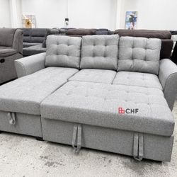 90.5" Light Gray Linen Sleeper Sectional Sofa with Reversible Storage Chaise