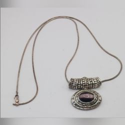 Pendant or Enhancer with Purple Cats Eye Glass and Silver Tone Setting Vintage
