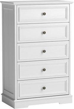 47" Tall 5 Fluted Drawer Dresser, Solid Wood Chest of Drawers with Glossy Handle, Storage Cabinet for Bedroom, Living Room, Entryway