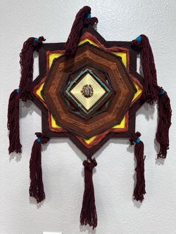 Ojo de Dios God’s Eye Yarn Wall Hanging Walnut Shell Turquoise Feather 33”