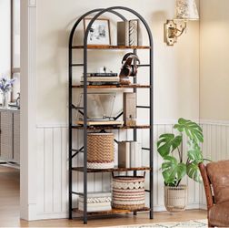 Brown 5-Tier Arched Bookshelf Industrial Open Storage Shelf, Display Bookshelves with Metal Frame