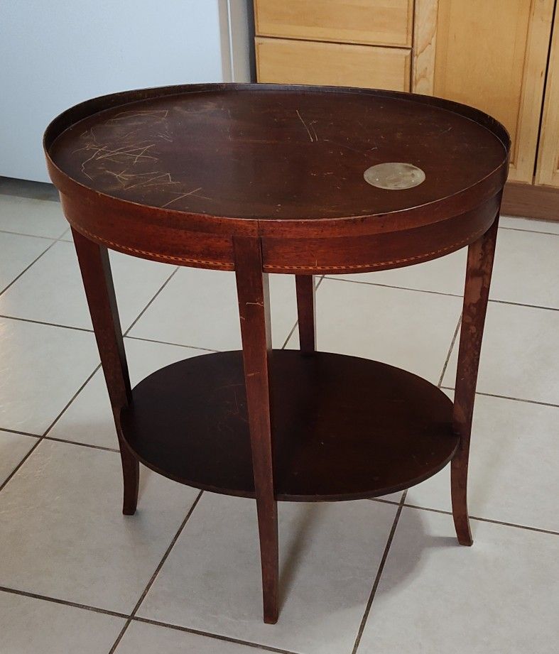 Vintage Mersman Mahogany Inlaid Wood Oval End Side Table