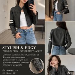 Stylish Black Cropped Faux Leather Moto Jacket – Excellent Condition