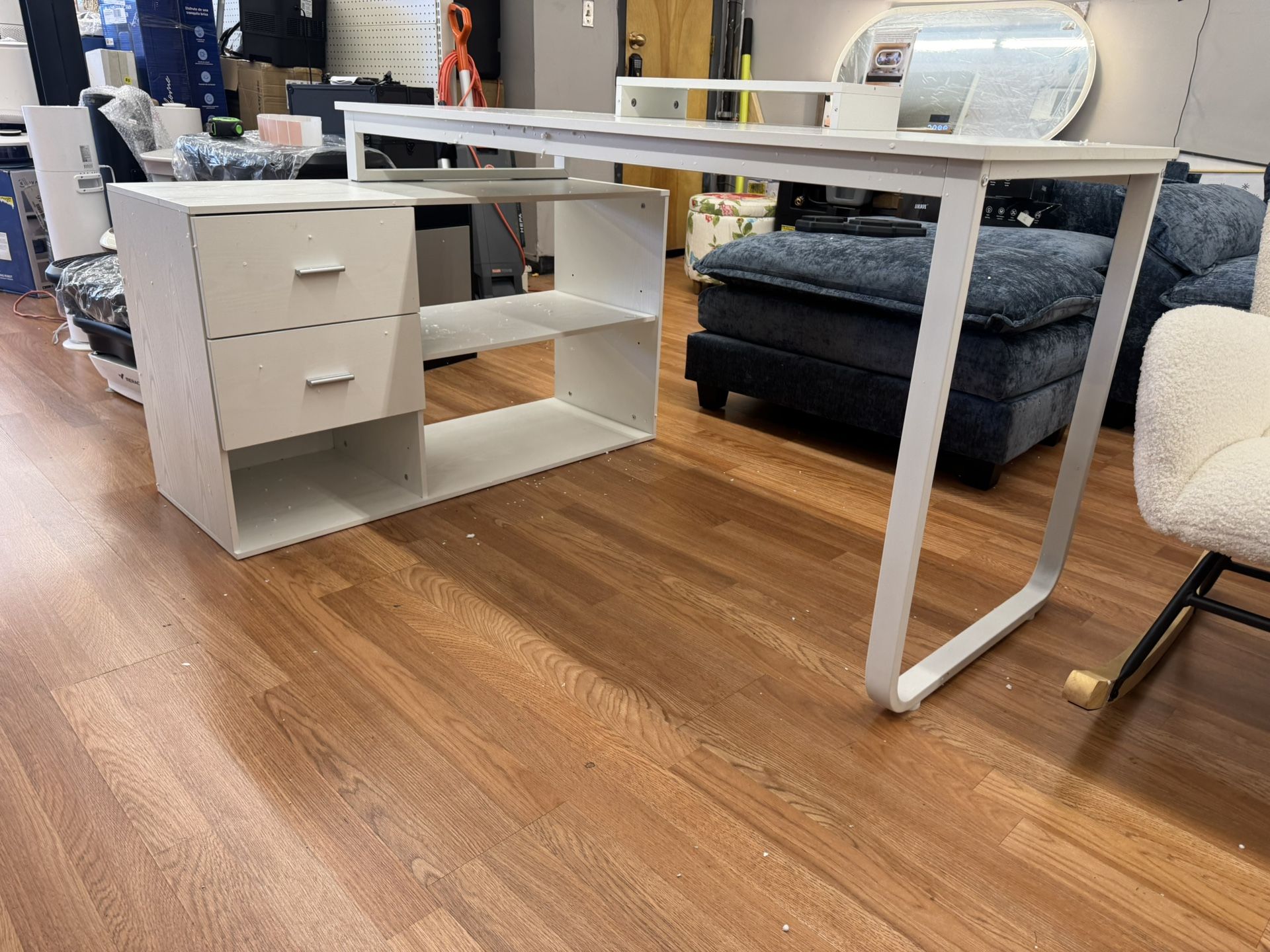 White L-Shaped Desk 52”L with storage & drawer compartments. 