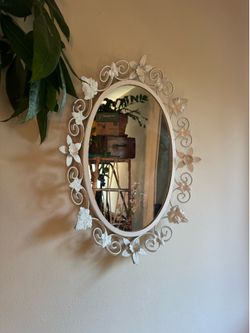 Vintage White Wrought Iron Floral Oval Wall Mirror