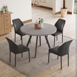 34.6'' Round Dining Table and Chairs for 4, Mid Century Modern Round Table Set, Space Saving for Apartment Kitchen Dining Room (Grey Table+4 Black Cha